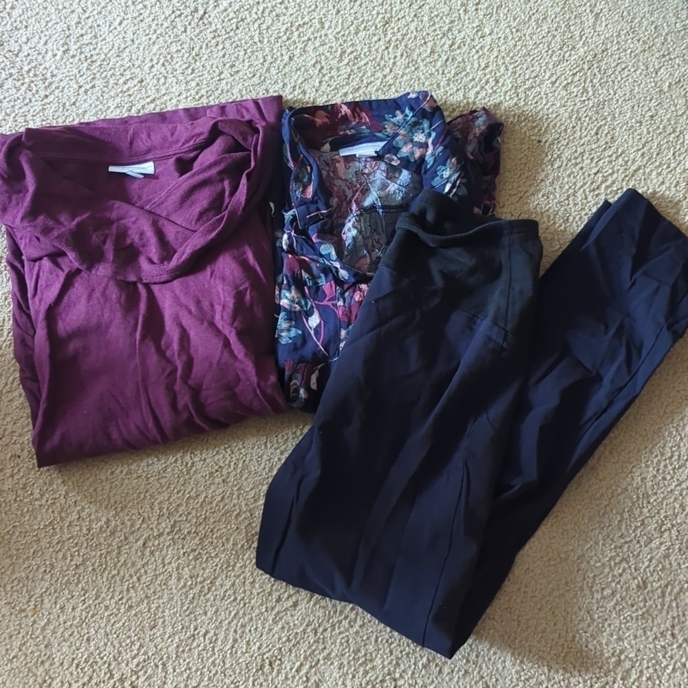 Maternity Bundle: Tunic Sweater, Long Sleeve Blouse & Navy Pants Size Medium